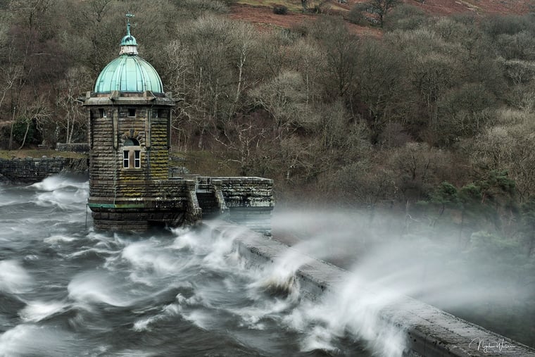 White horses at Pen y Garreg Dam Elan Valley during a storm