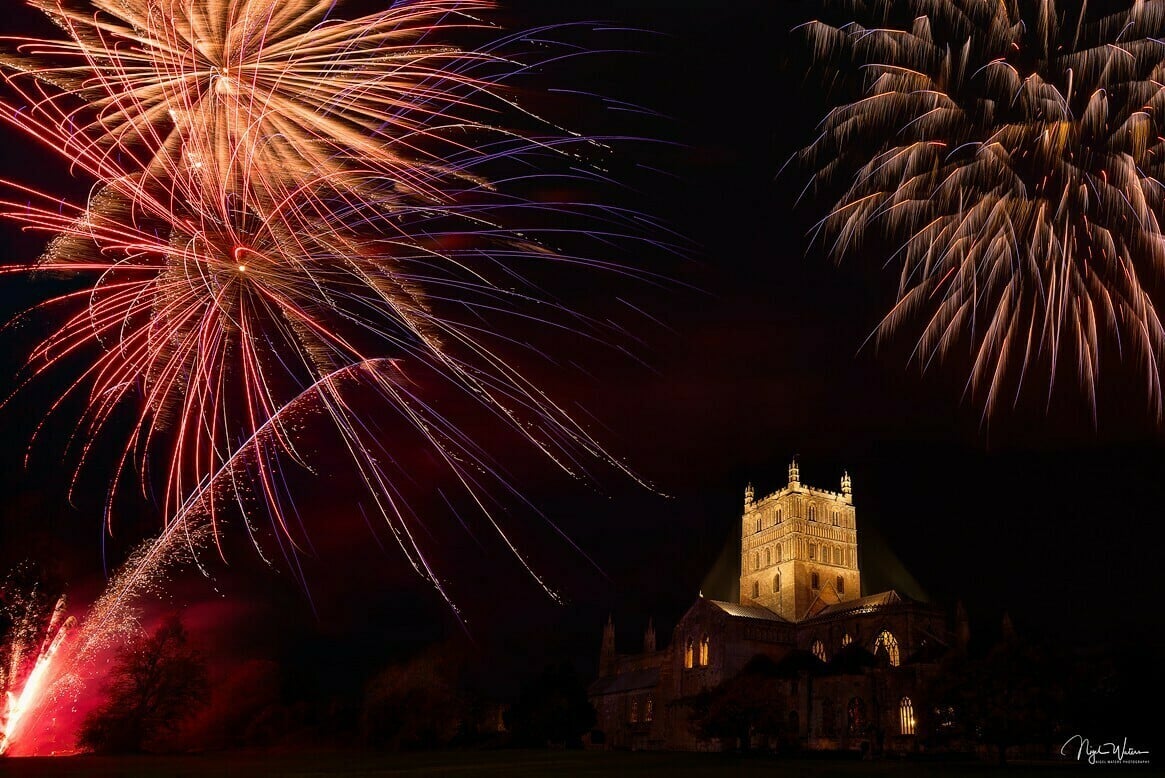 Firework display over the wonderful Tewkesbury Abbey