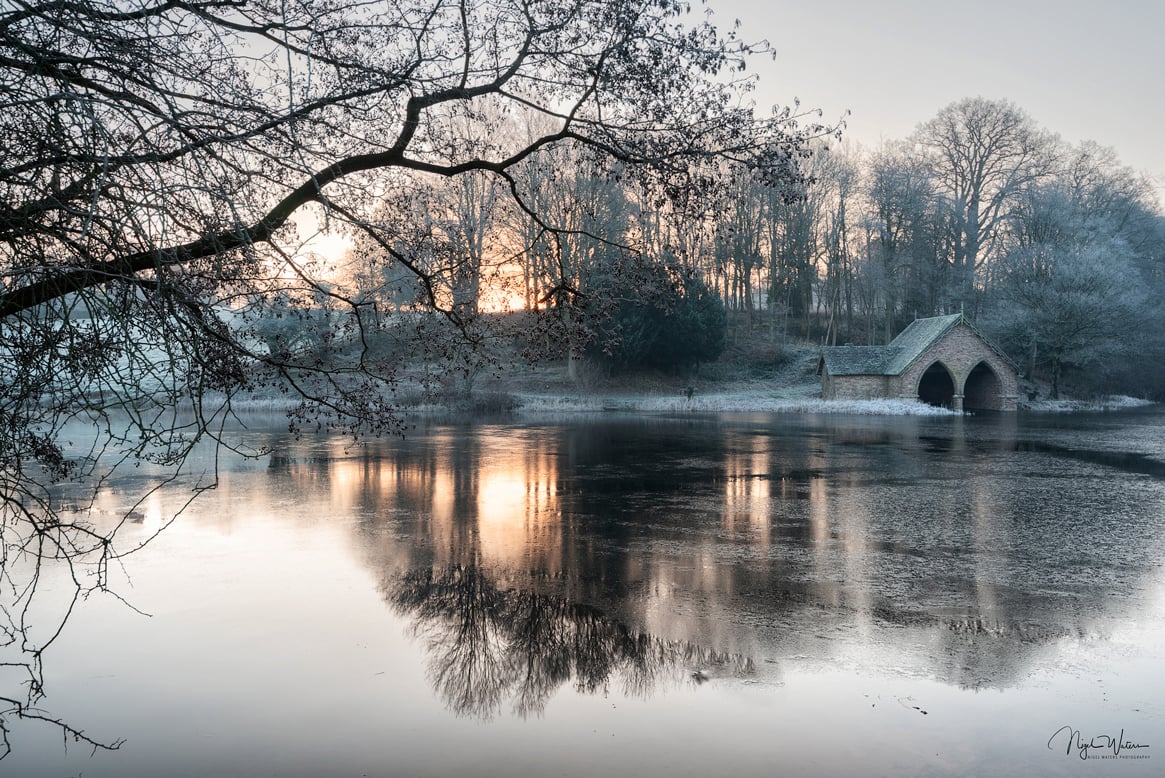 Dudmaston Hall Boathouse winter sunrise