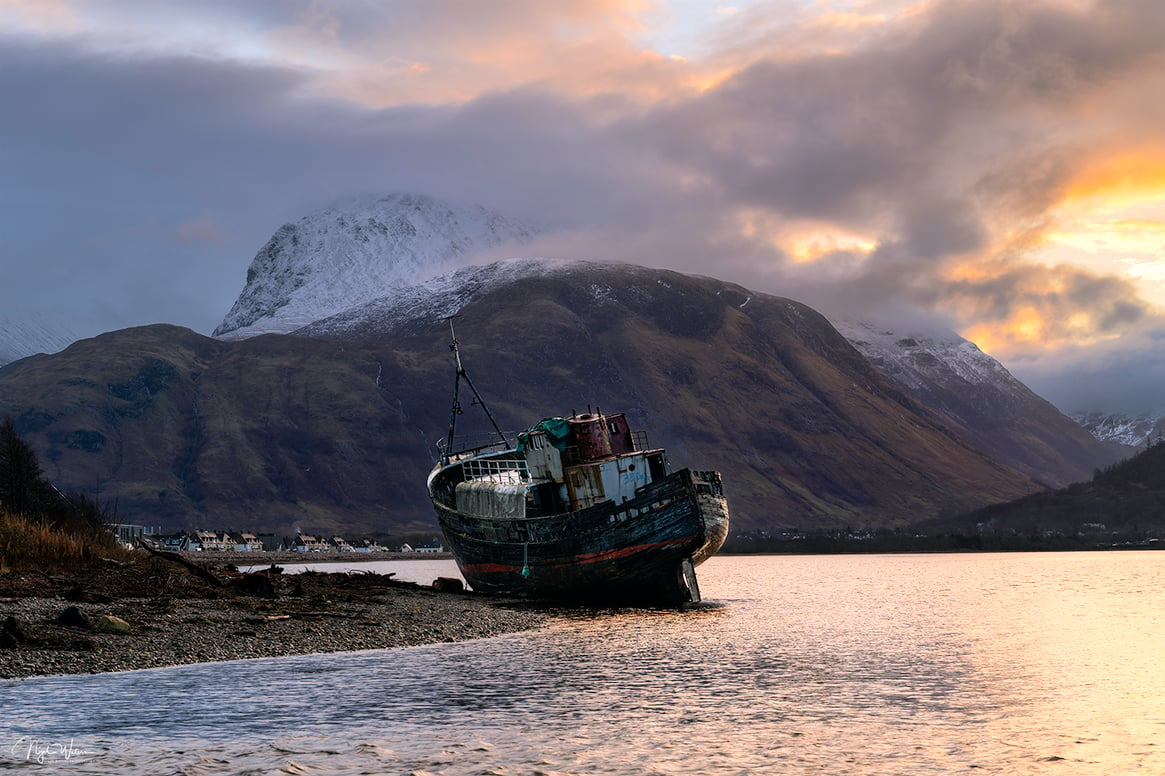 Signed Limited Edition Fine Art Landscape Print titled The Corpach Shipwreck taken in the Highlands Scotland.